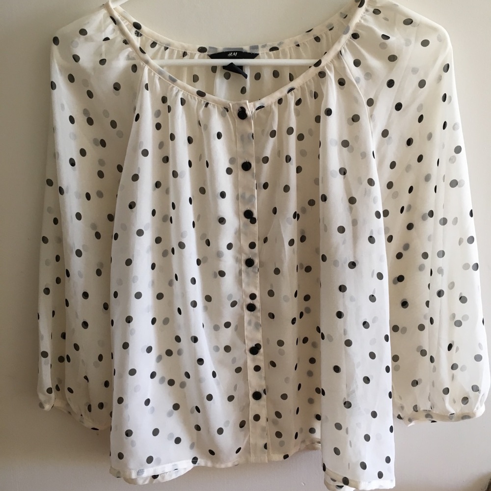 H&M off white sheer polka dot balloon sleeve shirt